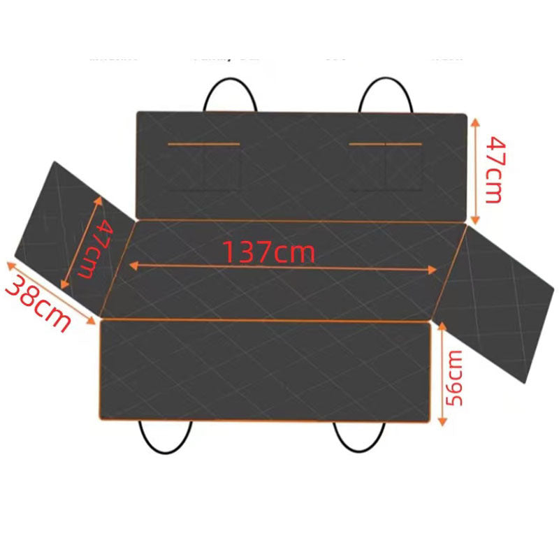 Schéma du TapisCar : 137 cm de largeur, panneaux de 47, 47 et 56 cm pour 150 cm de longueur, rabats latéraux de 38 cm