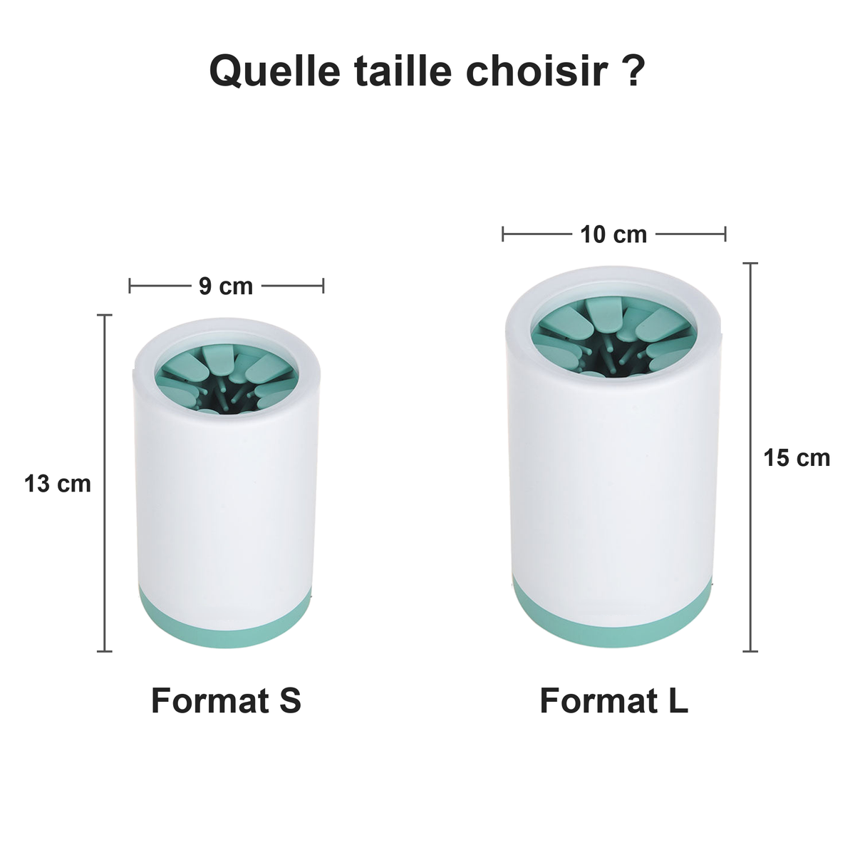 Guide des tailles du CleanPattes : format S, 9 × 13 cm, et format L, 10 × 15 cm
