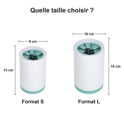 Guide des tailles du CleanPattes : format S, 9 × 13 cm, pour le Petit chien, et format L, 10 × 15 cm, pour le Grand chien