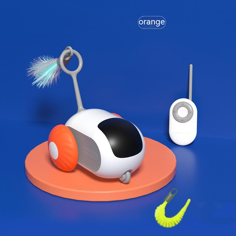 Le jouet CrazyMouse orange et sa télécommande, l'autre couleur offerte dans le kit