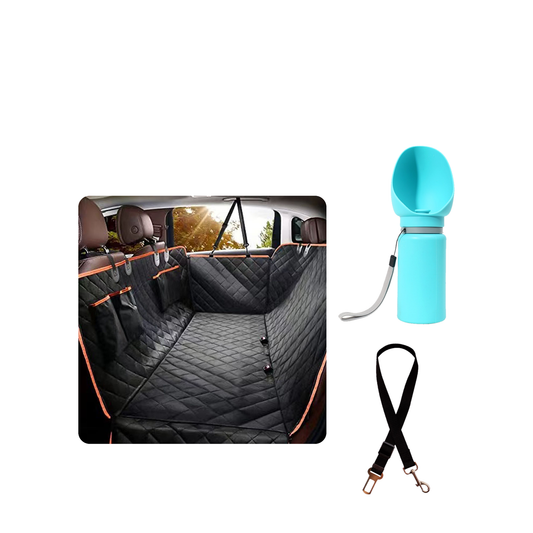 Le Kit Auto : le tapis de banquette TapisCar installé, la gourde pliable HydraCool et la ceinture FidoFix