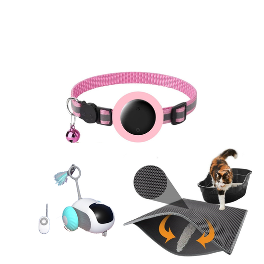Le Kit Chat Curieux : le collier LocaliMinou rose avec son traceur, le jouet CrazyMouse et sa manette, et le tapis AbsorbLitière en nid d'abeille devant un bac à litière