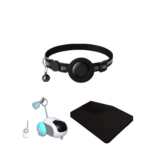Le Kit Chat Curieux : le collier LocaliMinou avec son traceur, le jouet CrazyMouse et sa télécommande, et le tapis AbsorbLitière