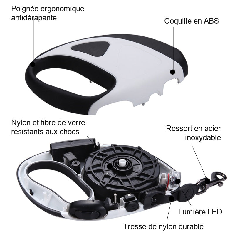 Composants du LumiToutou : poignée antidérapante, coquille, ressort inoxydable, lumière DEL