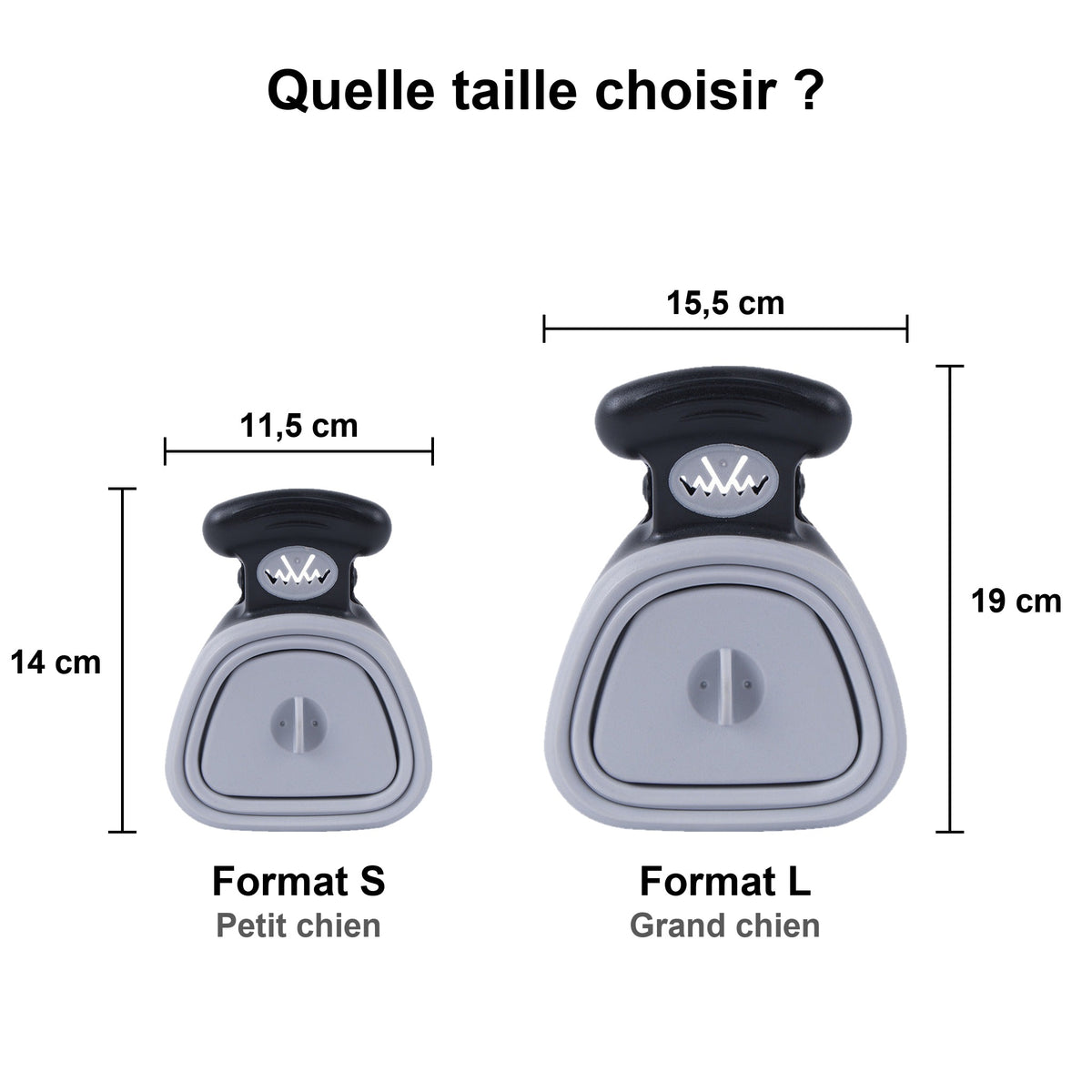 Guide des formats du NettoToutou : format S, 14 × 11,5 cm, pour le Petit chien, et format L, 19 × 15,5 cm, pour le Grand chien